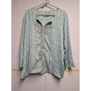 Womens Chico Split-Neck Pullover Tunic Blouse In Aqua With Silver Embroidery And